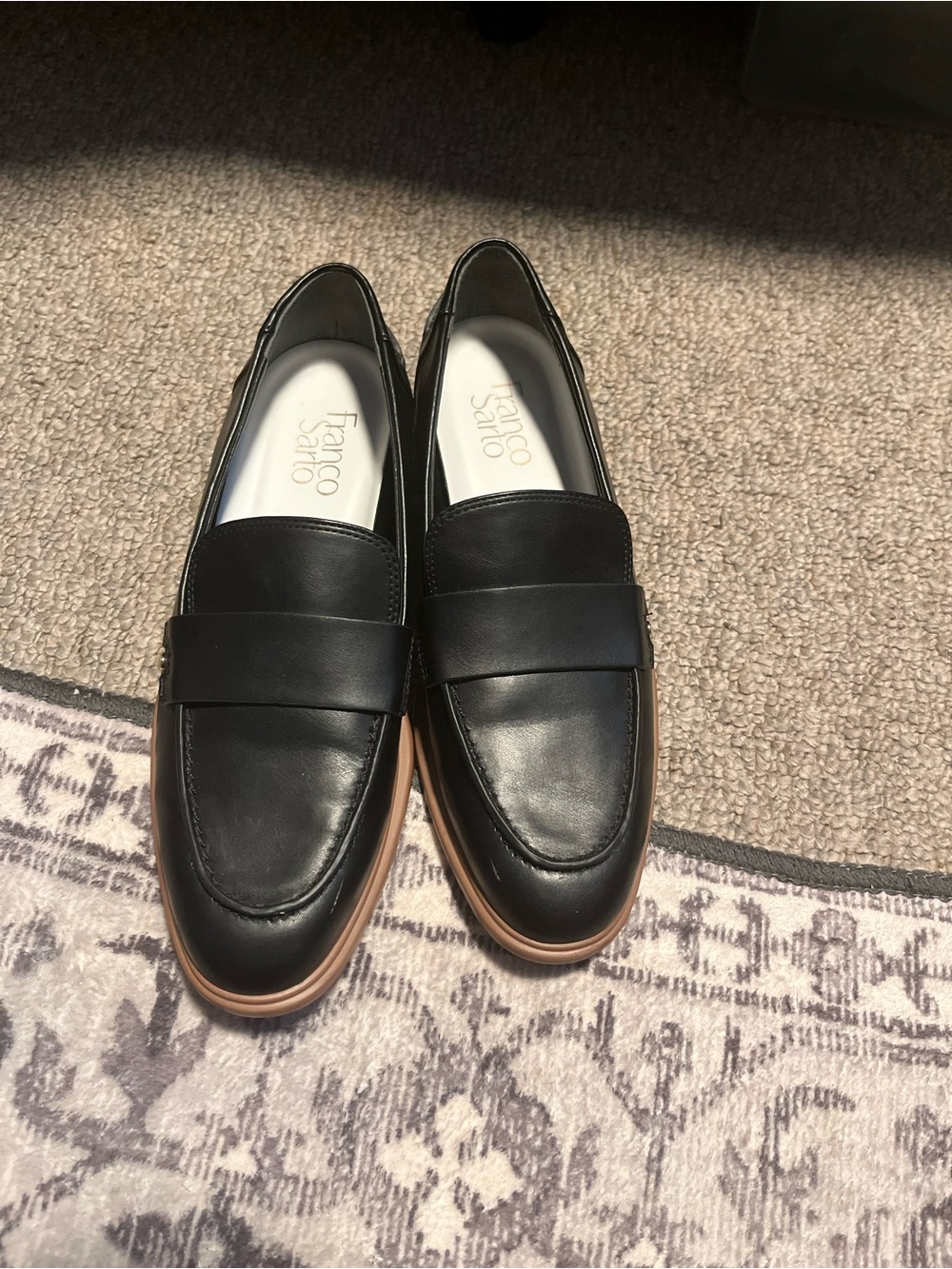 Franco Sarto Black Leather Penny Loafers with Tan Sole